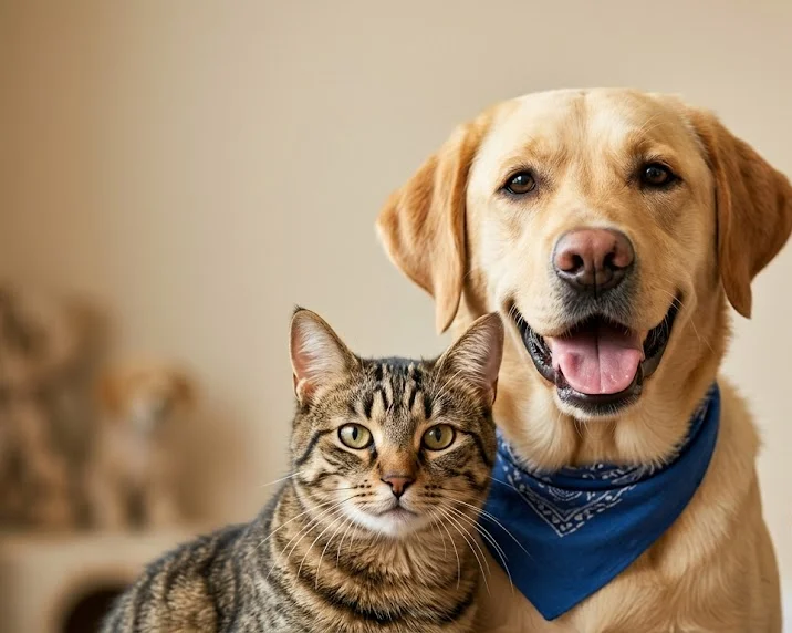 Un perro y un gato posando juntos