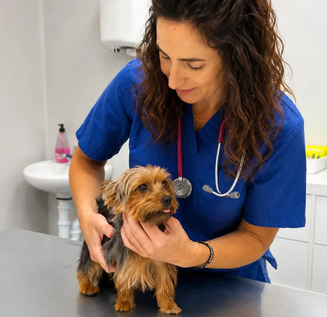 Veterinaria de Almavet Jerez revisando con cariño a un yorkshire terrier